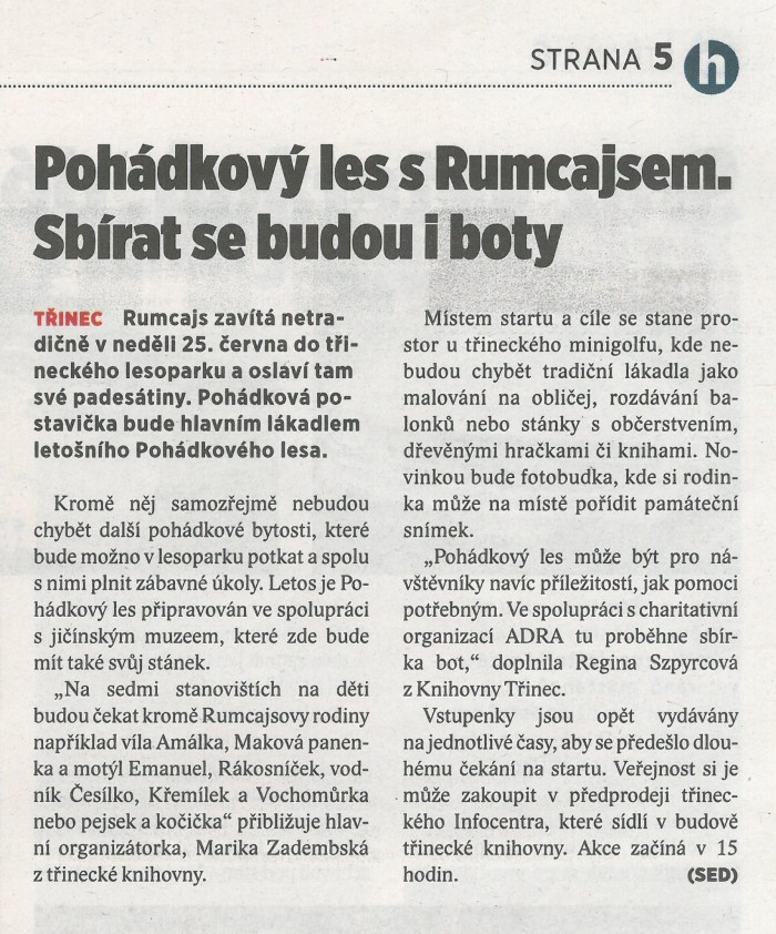 Horizont 20. 6. 2017_Pohádkový les s Rumcajsem. Sbírat se budou i boty